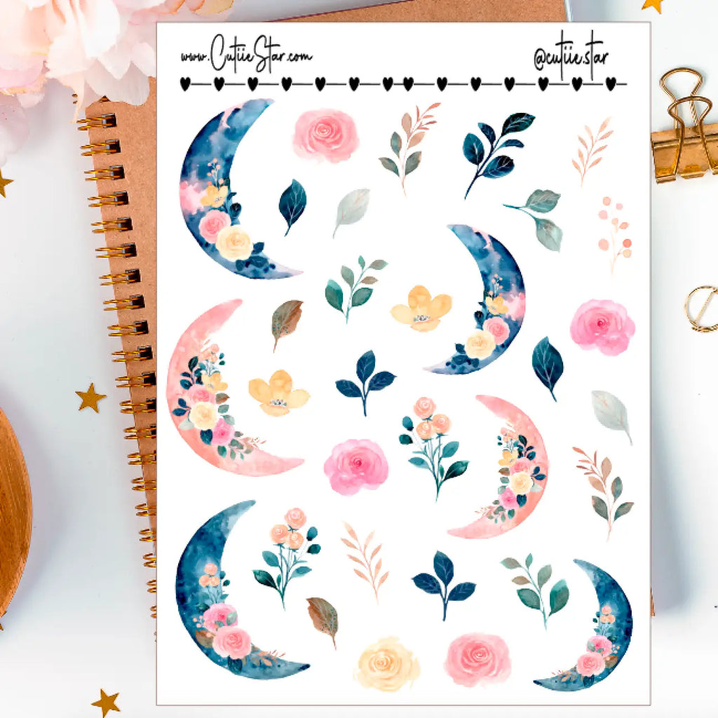 Floral Moon Flowers Watercolor - Sticker Sheet